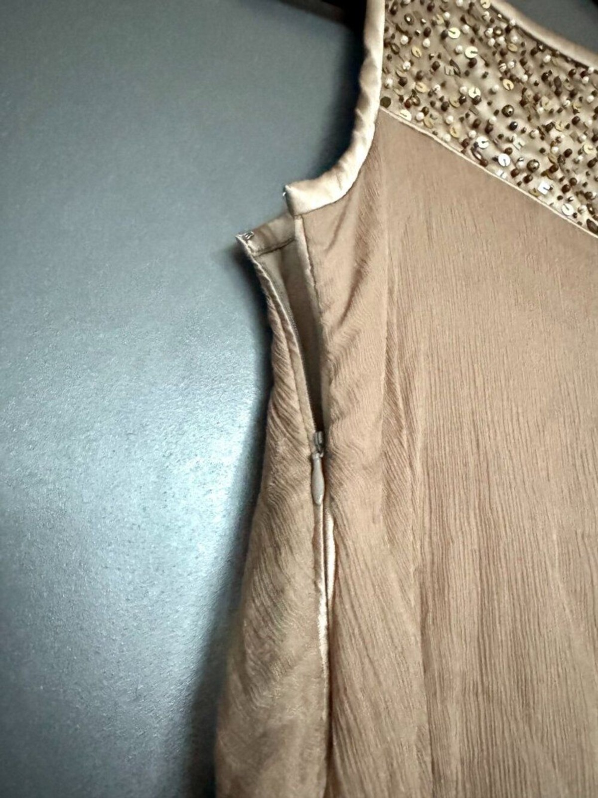 Carlos Miele 100% Silk Beaded Sequin Tiered Chiffon Cocktail Dress Taupe Size 40