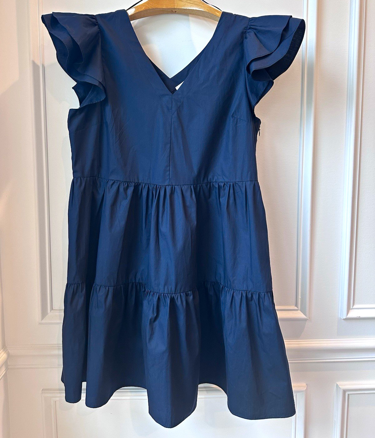 NWT Gibson Latimer Navy Cotton V-Neck Tiered Sundress Ruffle Sleeve L