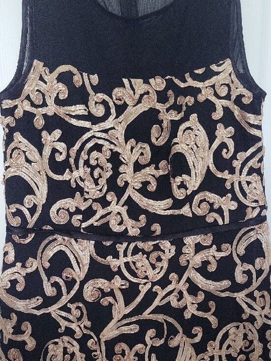 Connected Apparel Black Gold Embroidered Mesh Cocktail Dress Size 10