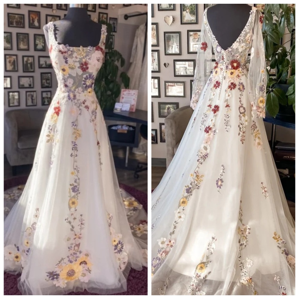 Long Sleeve 3D Flower Appliques Square Neck Evening Dresses Sweep Train A-line