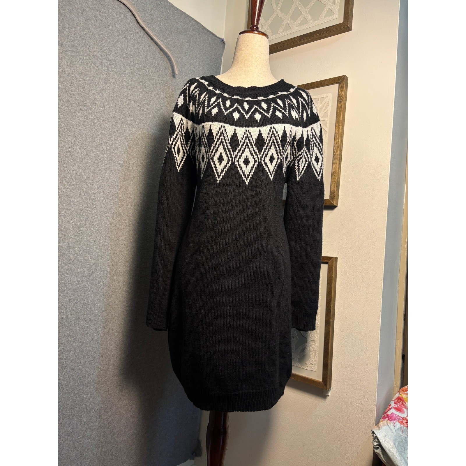 Harper Heritage Black White Fair Isle Sweater Dress Nordic Knit Winter NWT Large