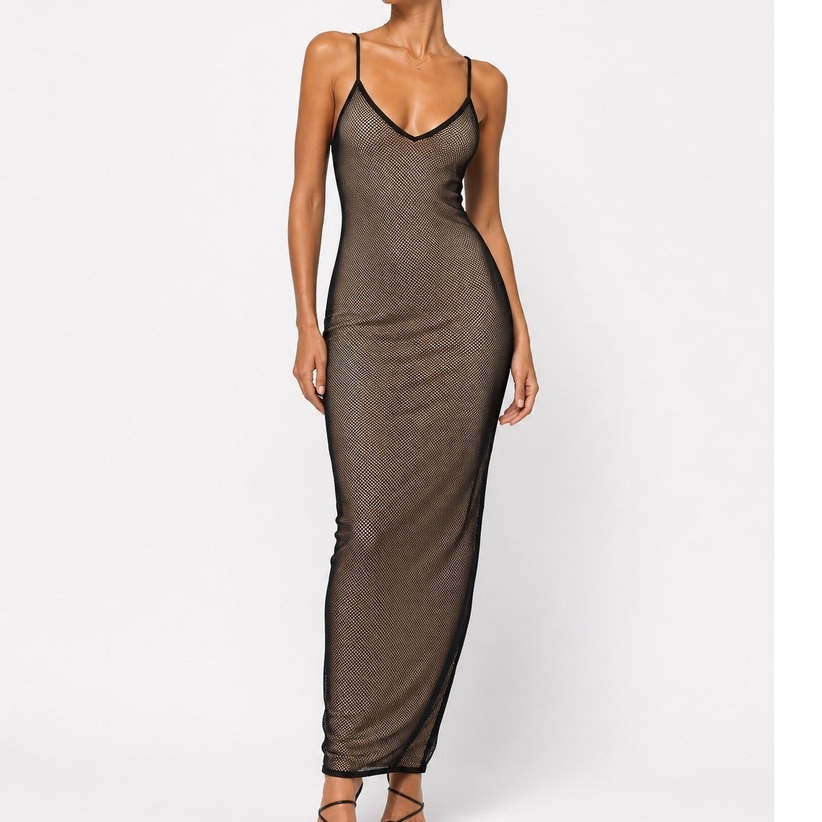 JLUXLABEL Fishnet Maxi Dress Womens S Black Nude Mesh Sleek Night Glam