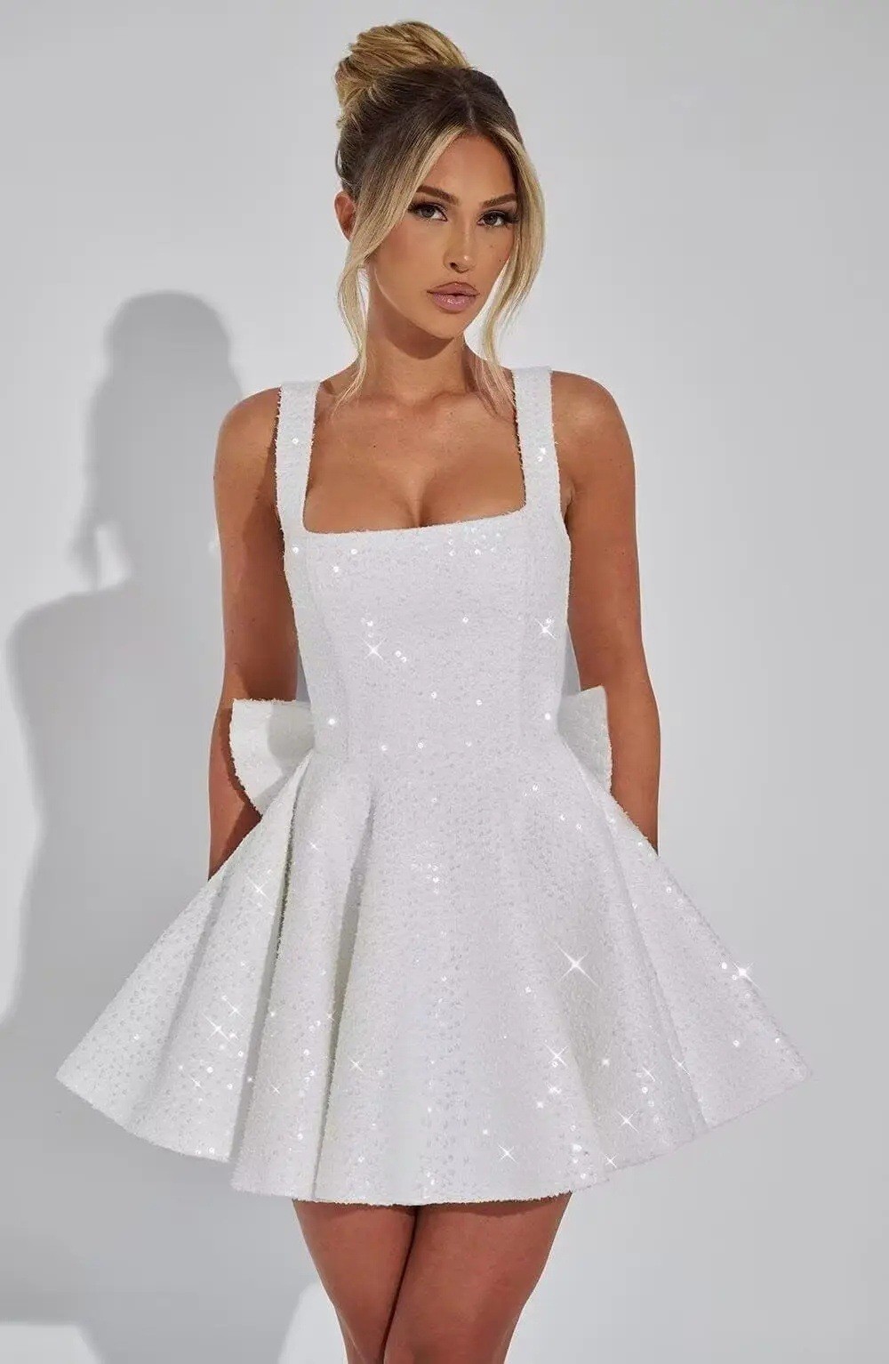 White Sequin Tweed Square Neck Mini Dress Big Back Bow Flared Homecoming Gown