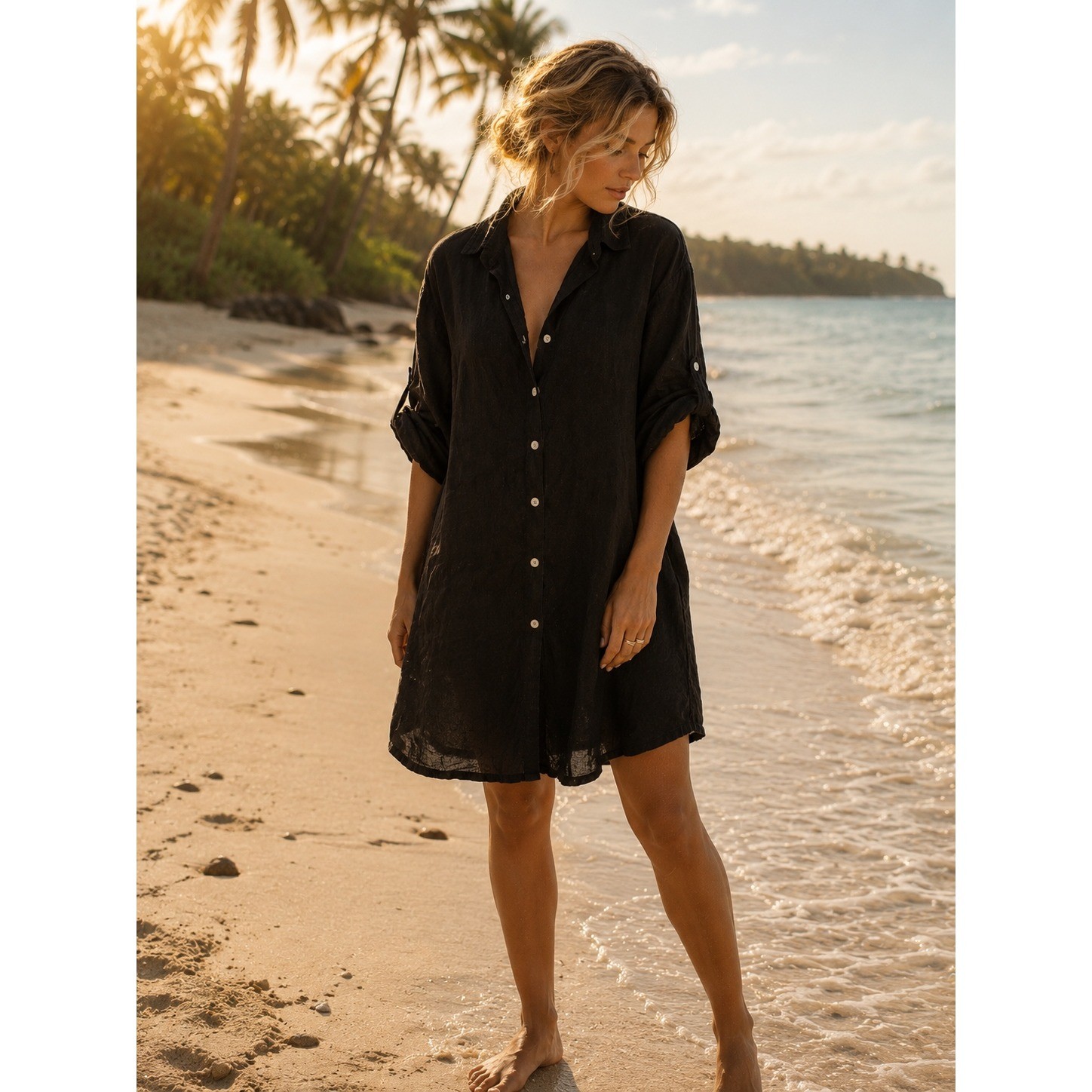 Meo Meli Black 100% Linen Shirt Dress Made in Italy Roll Tab Sleeve NV-197