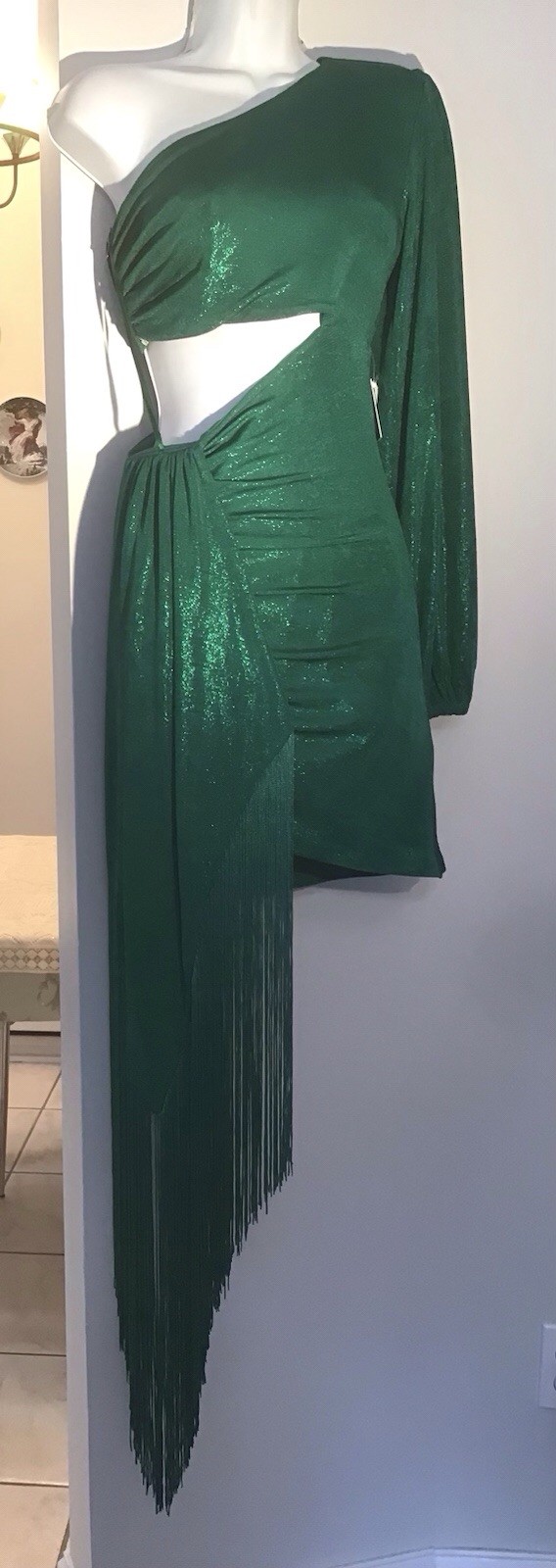 NADINE MERABI ONE SHOULDER MINI DRESS WITH FRINGE DITAIL NIKKI GREEN DRESS S/M