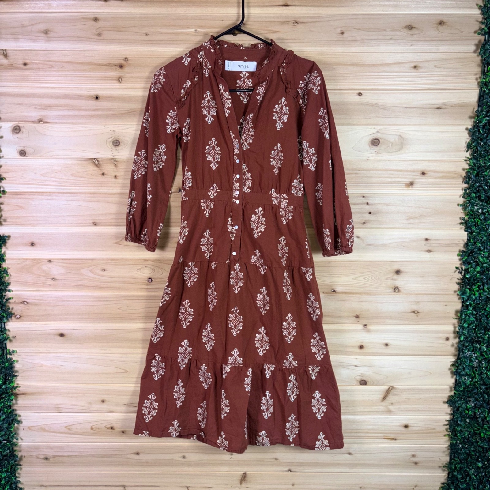 WVN Dress Womens XS Brown Floral Tiered Boho Long Sleeve Midi Shirt Dress