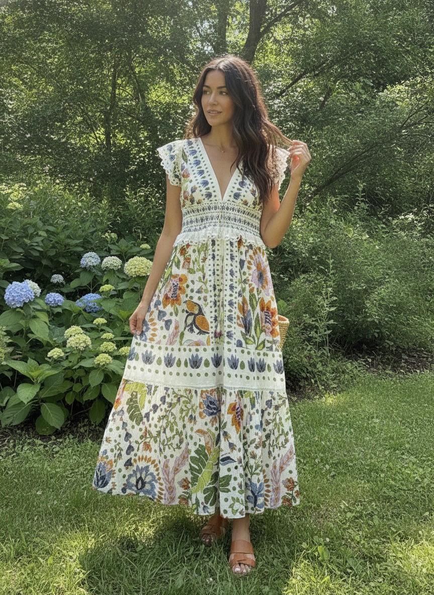 Farm Rio, Toucan Garden, tropical floral, Botanical Maxi dress Cotton SZ MED