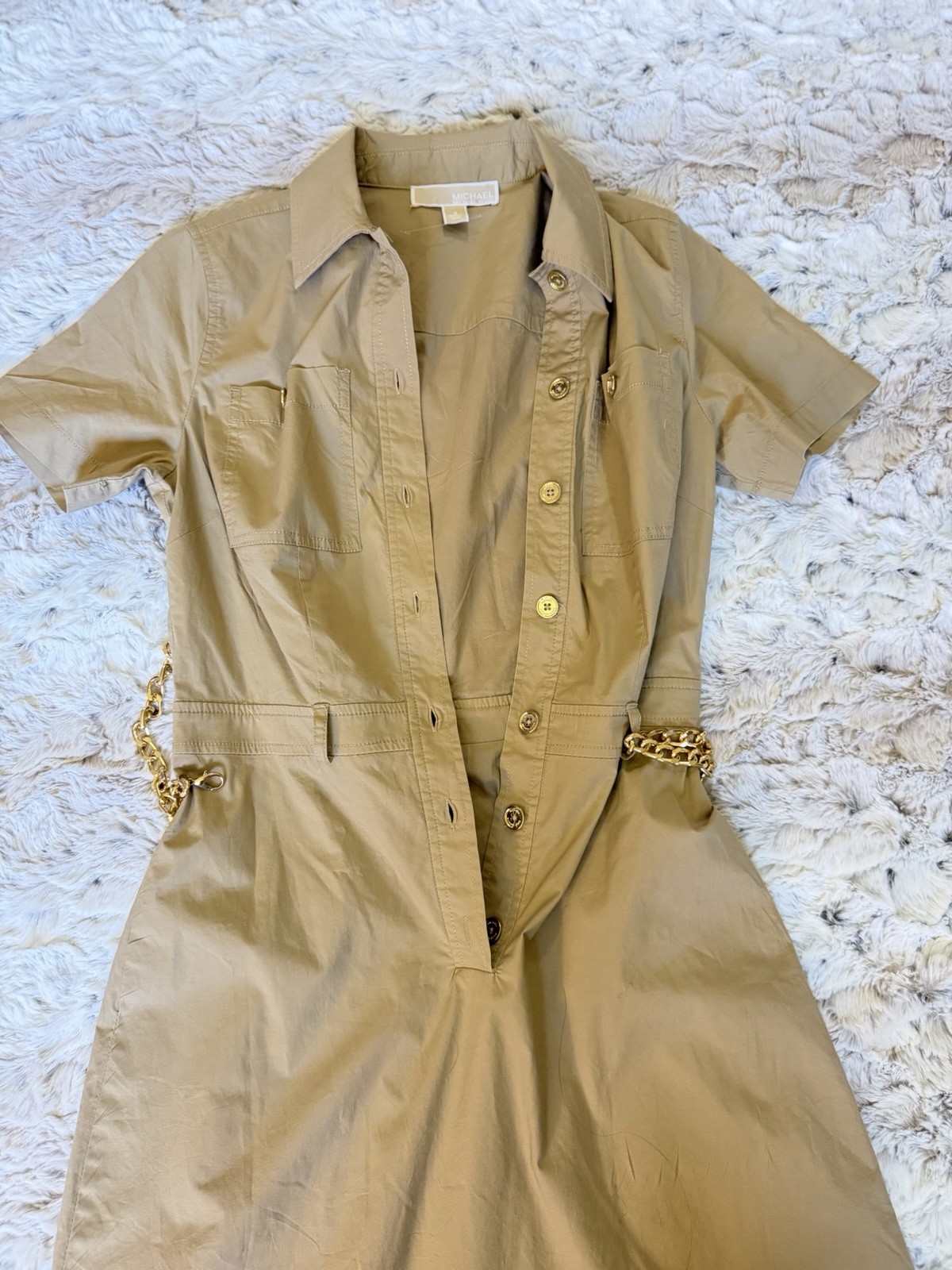 Michael Kors Beige Shirt Dress 2 Short Sleeve Button Front Chain Belt Pockets