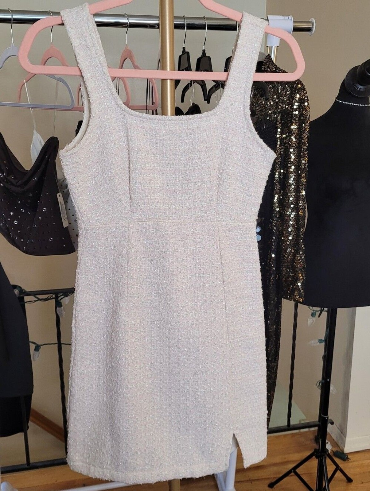 Thirty Thirty LA Classic Pink & Cream Tweed Sleeveless Mini Dress Size XL NWT