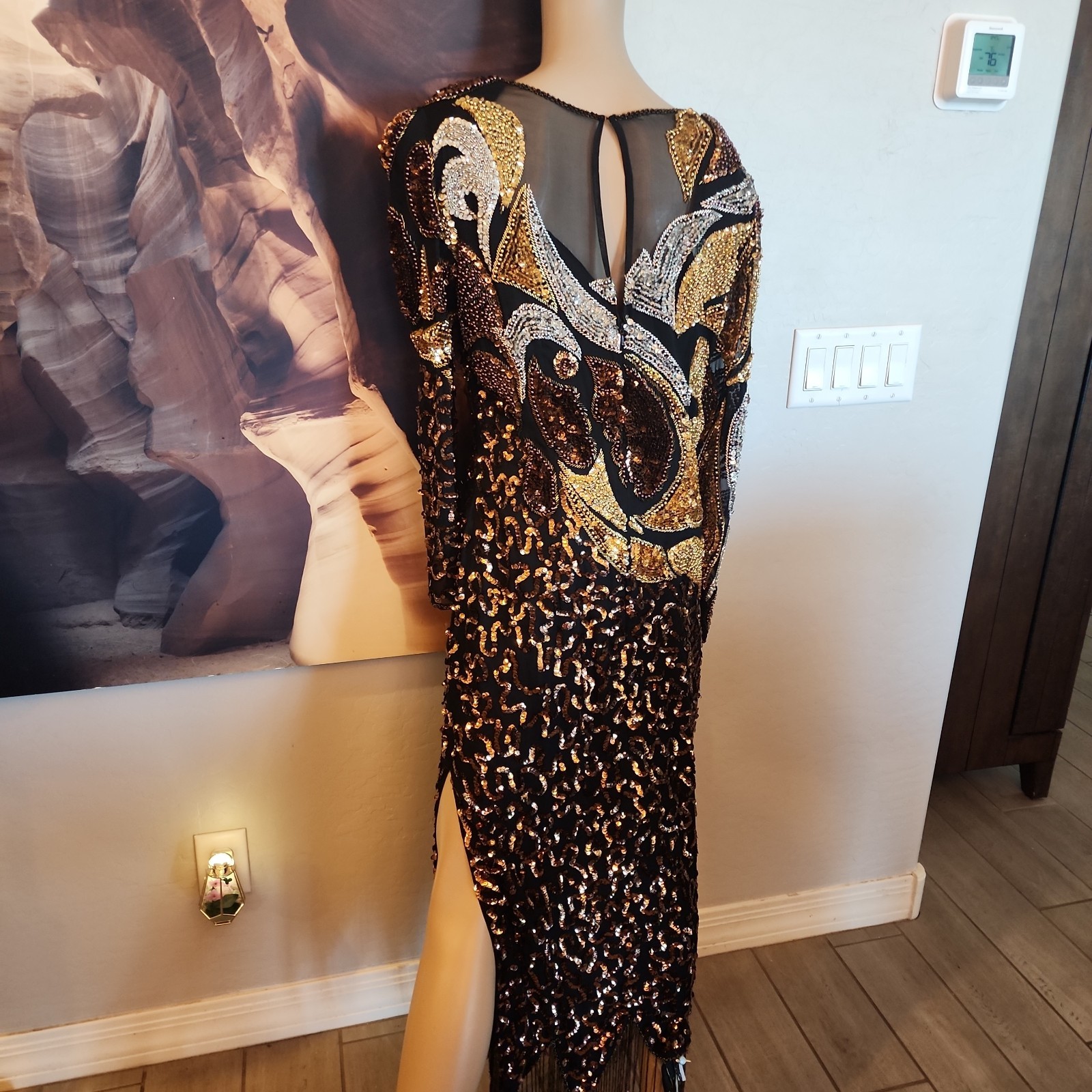 Shomax Originals Sequin Beaded Formal Silk Gown M Black Gold Long Sleeve Fringe