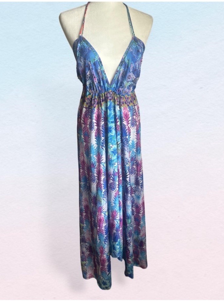India Boutique, Women’s Long Backless Halter Dress Blue Purple Pink (Free Size)