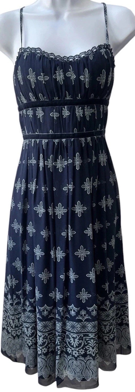 New Max & Cleo Boho Print Silk Dress 10 Sweetheart Neck Blue Sleeveless NWT $138