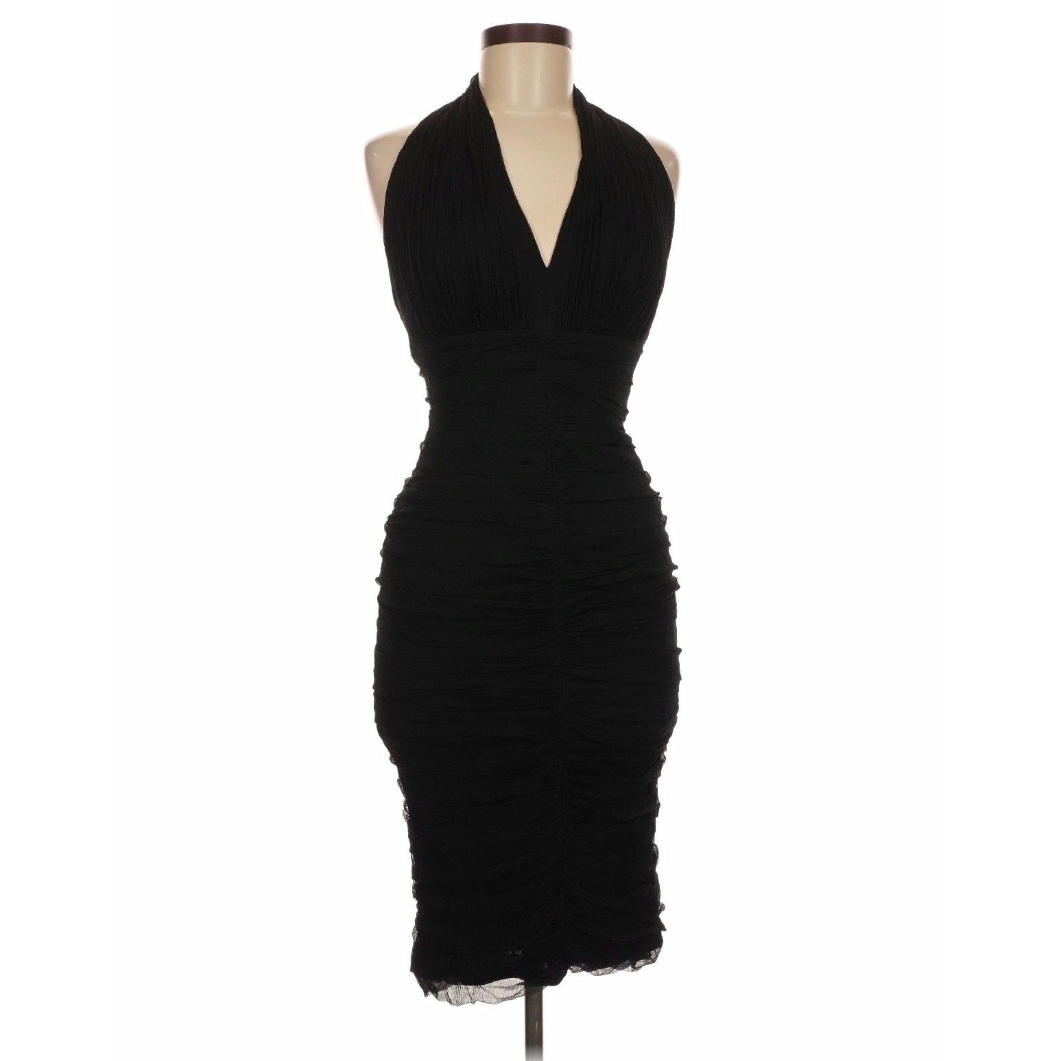 Vtg Tadashi Sohji Silk Ruched Halter Dress Black Bodycon Cocktail Wiggle 2-4