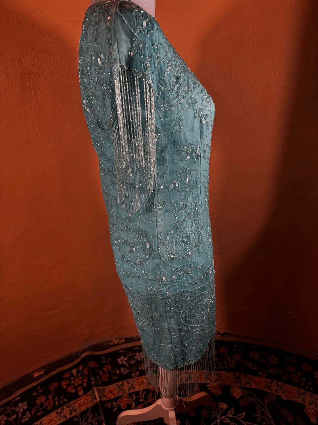 Vintage 1980s Aqua Blue Silk Beaded & Sequin Cocktail Dress Bead Fringe Sleeves