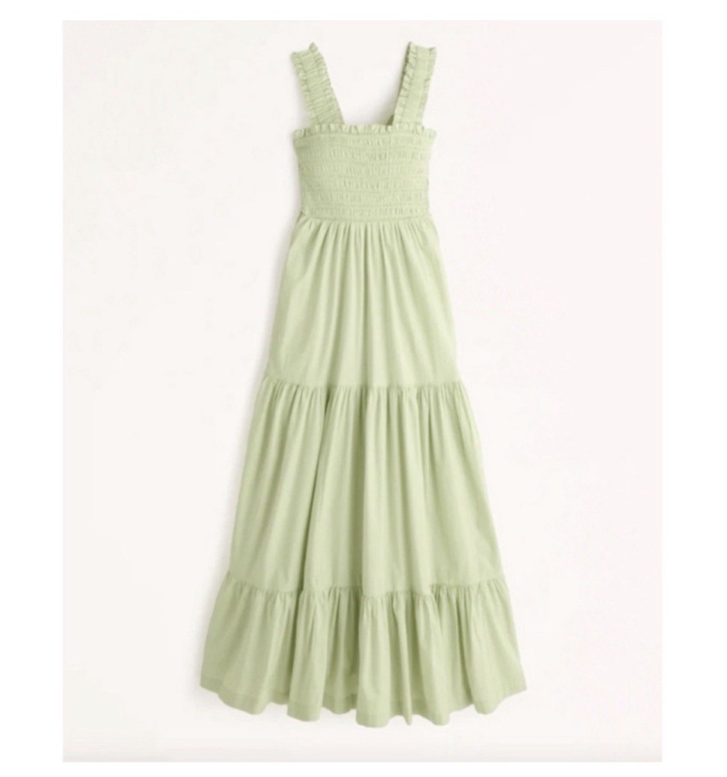 Abercrombie & Fitch Smocked Bodice Easy Maxi Dress Tiered Boho Light Green NWT S