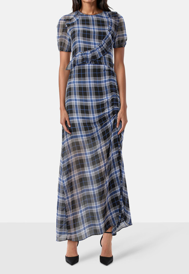 Maje Side-Ruched Plaid Tartan Blue and Navy Long Dress Ruffle UK size 10