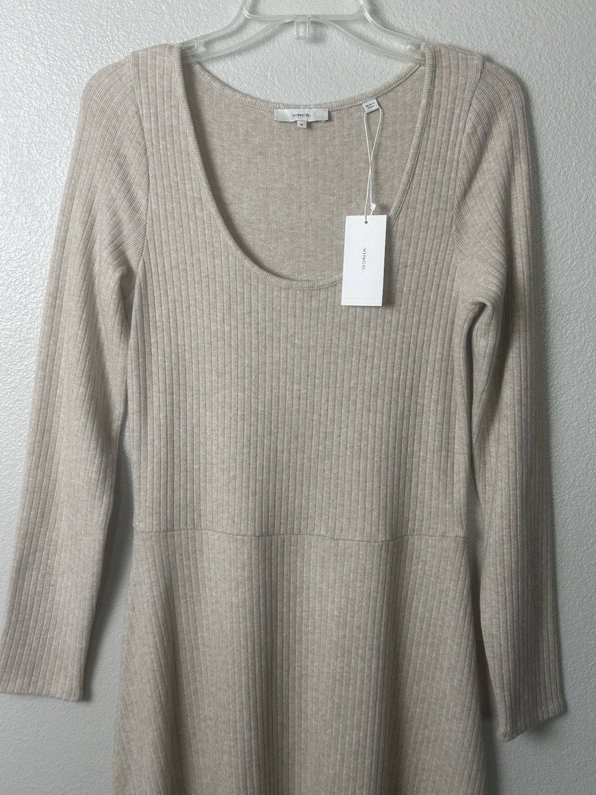 VINCE Long Sleeve Ribbed Scoop Neck Knit Midi Dress Women M Heather Beige NWT