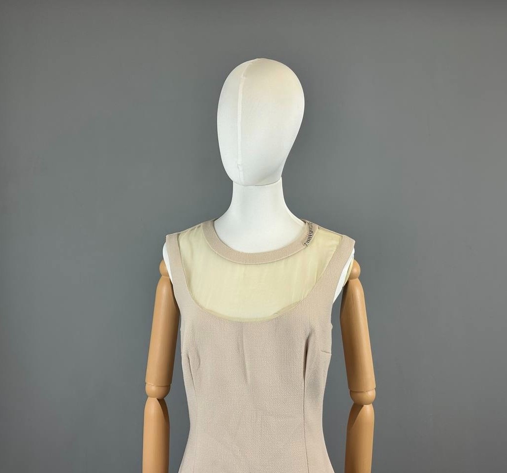 Prada Milano Beige Wool Silk Sleeveless A-Line Pencil Midi Dress Size IT 44