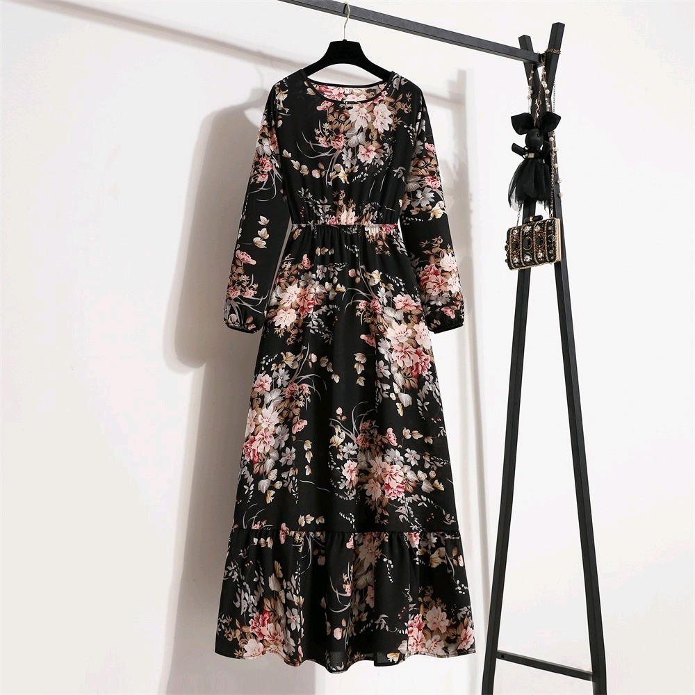 Spring summer Women Maxi dress Long sleeves Printed–M–Chest: 40 inches