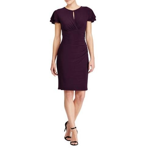 LAUREN Ralph Lauren Ruffled Short Sleeve Keyhole Neck Party Sheath Mini Dress, 0