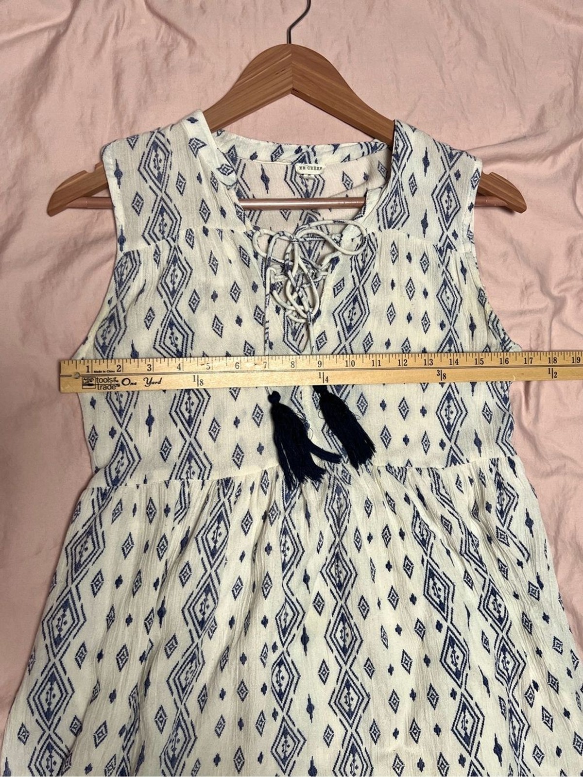 En Creme Ivory Navy Tribal Geometric Tassel Tie Sleeveless Mini Dress Size Small