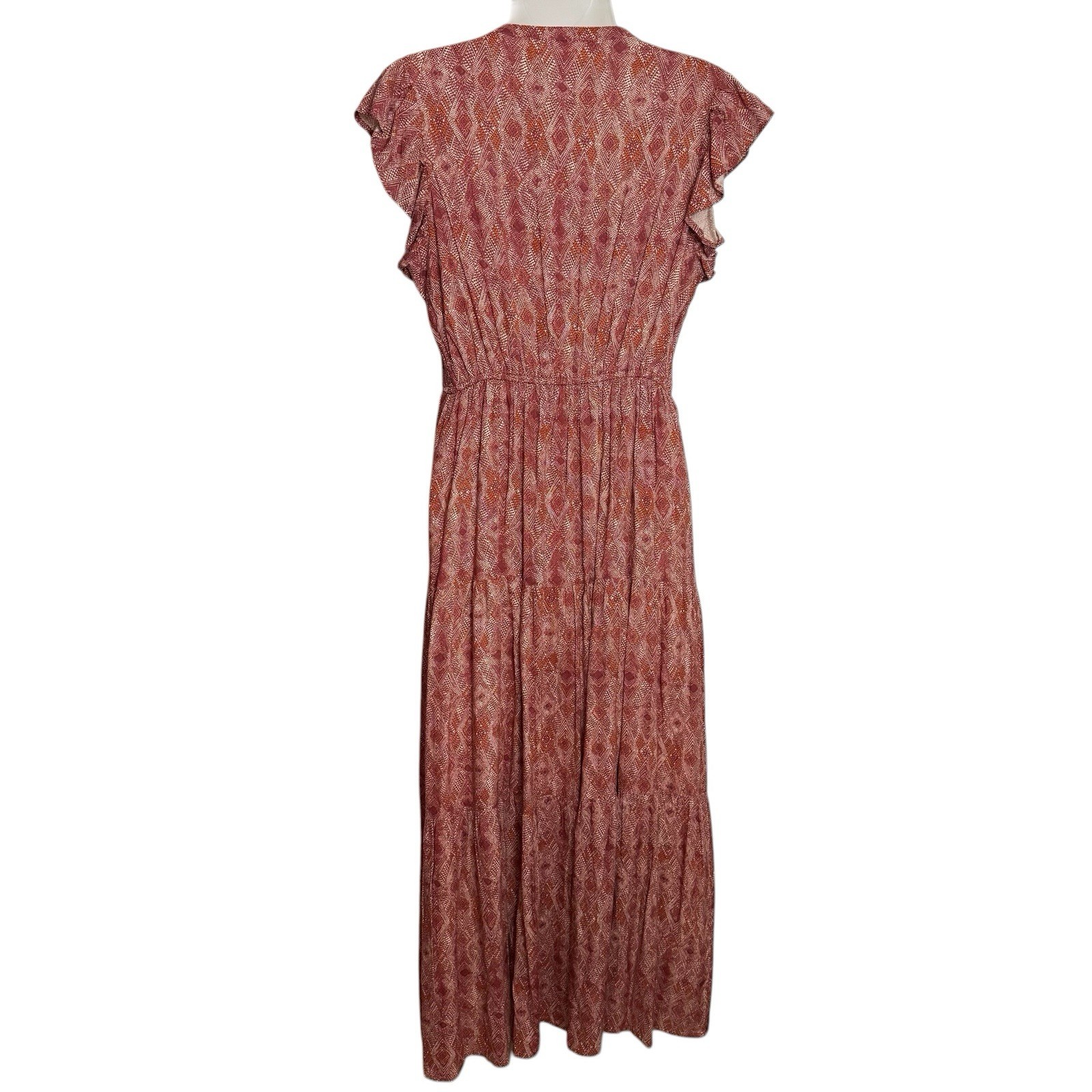 Sweet Magnolia Boho Midi Dress Medium Rust Geometric Tiered Flutter Sleeve