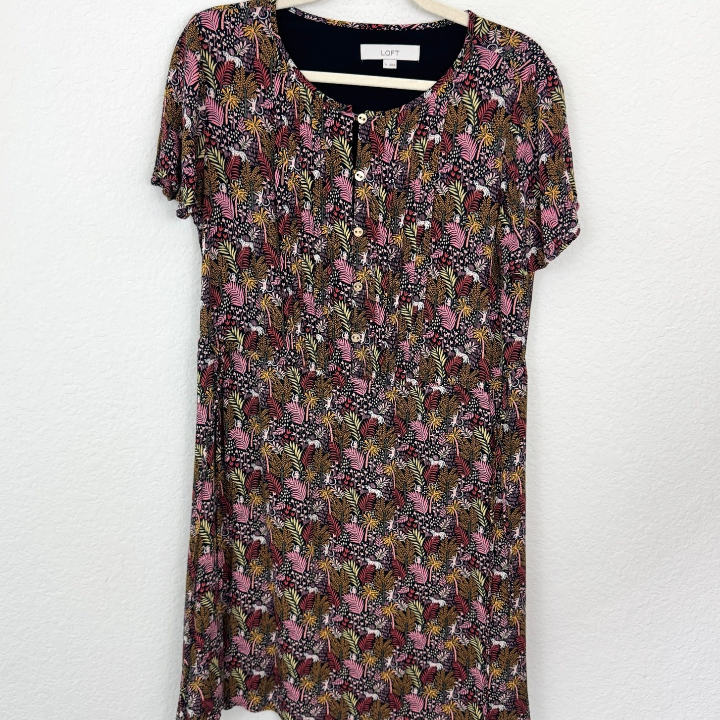 Loft Womens Paradise Lost Mini Dress Size M Jungle Animal Pintuck Pleat Black