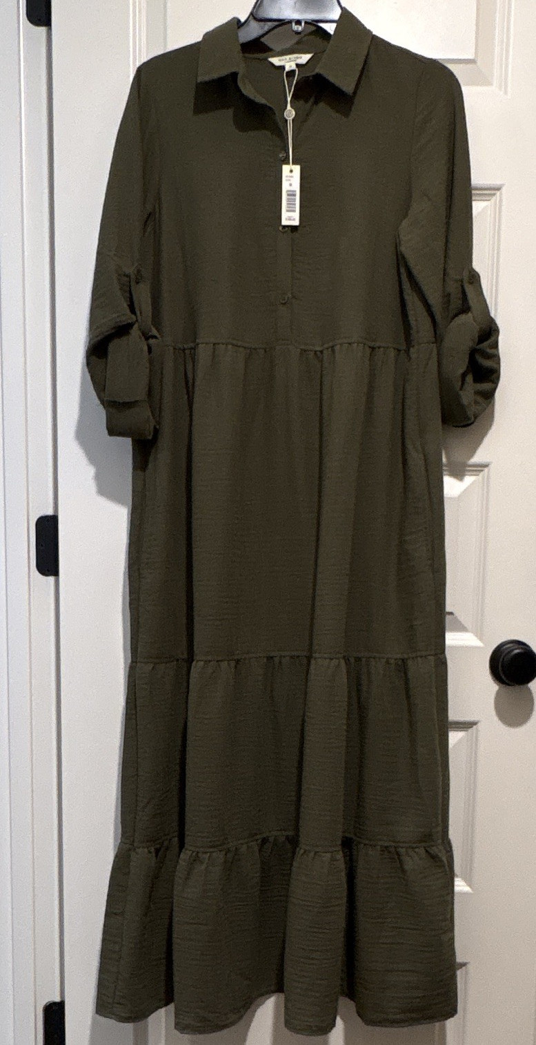 Max Studio Olive Collared Button-Front Tiered Midi Shirt Dress Long Sleeve M