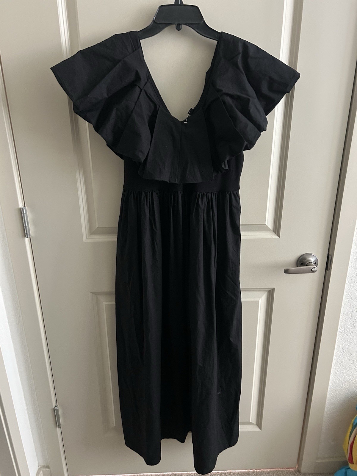 NEW! ANN TAYLOR BLACK Size 4 RUFFLE COLLAR MAXI DRESS COTTON STRETCH FLUTTER