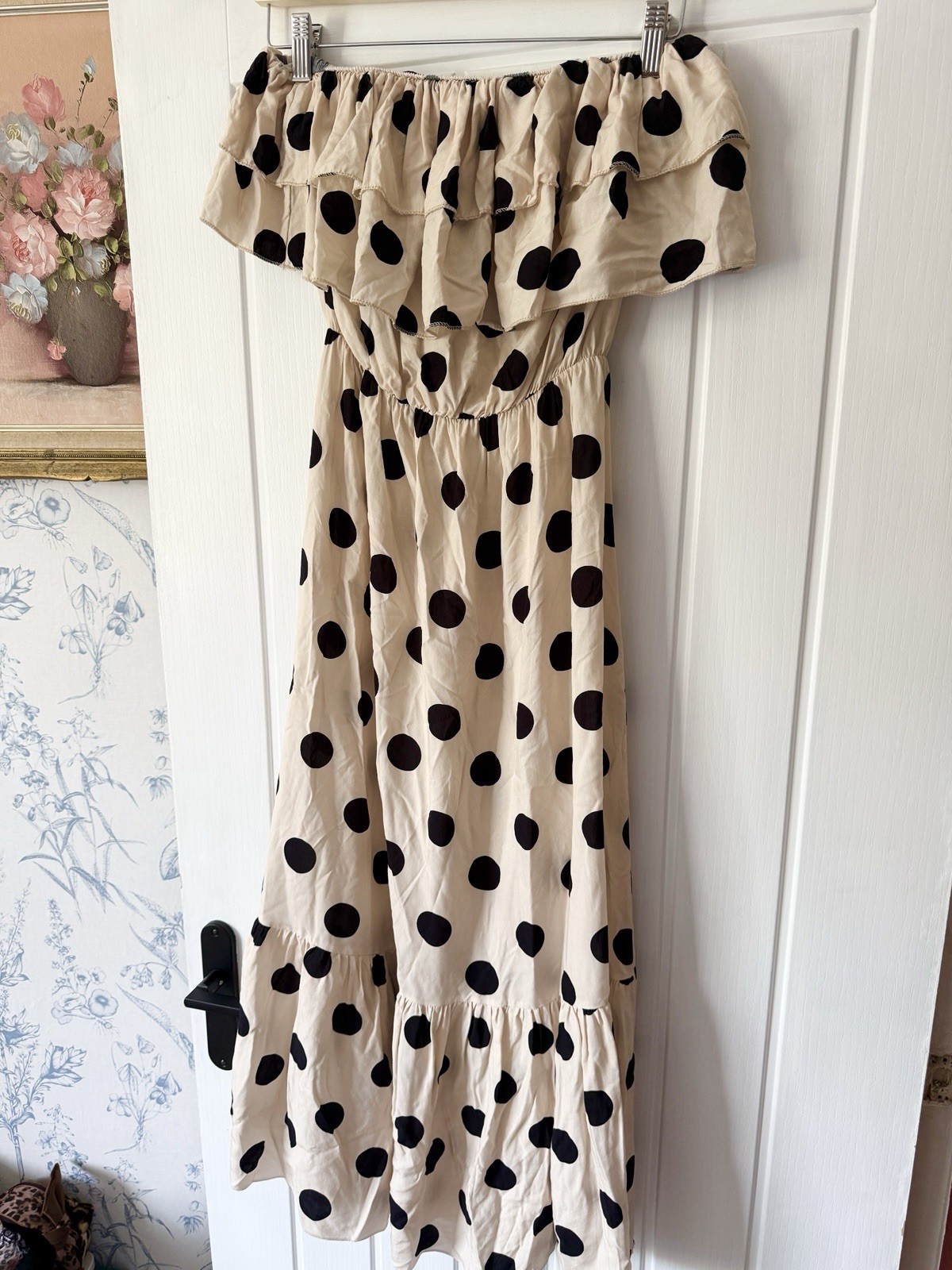 Kurt Müller Polka Dot Bardot Maxi Dress Cream Black Frill Holiday UK 8