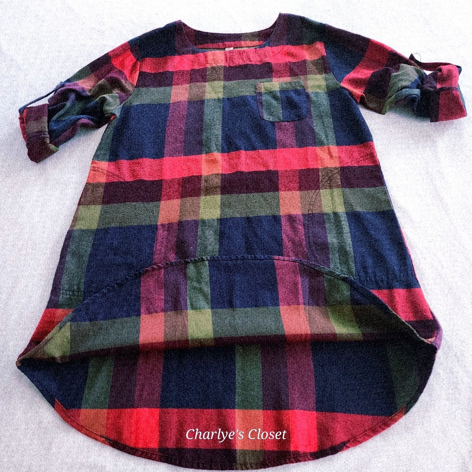 Vibrant Plaid Roll Tab Sleeve Pocket Casual Flannel-look Tunic Shirtdress Fits L