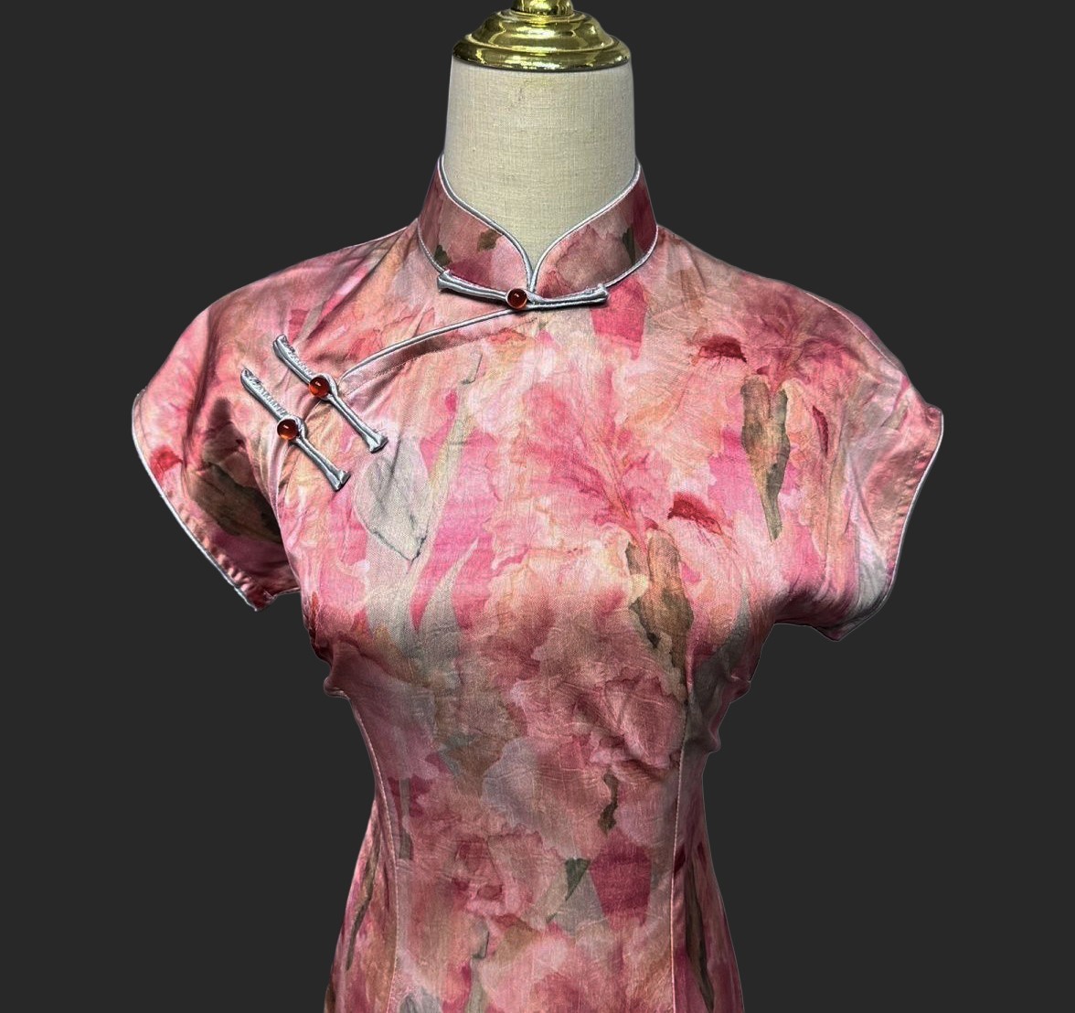 Pink Rose Garden Cheongsam Qipao Hourglass Slim Fit Retro Dress L XL 2XL 3XL