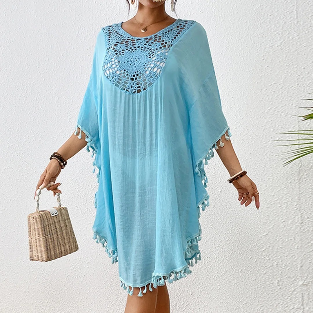 New Fringe Tassel Embroidery Half Sleeve Tunic Beach Cover Up Beach Dress