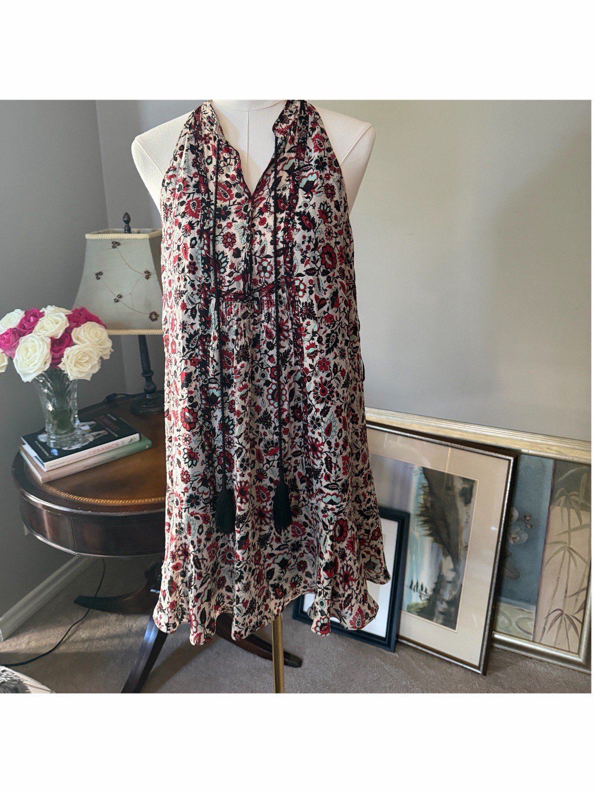 A.L.C. 100% Silk Boho Floral Halter Mini Dress Size 8 Tassel Tie