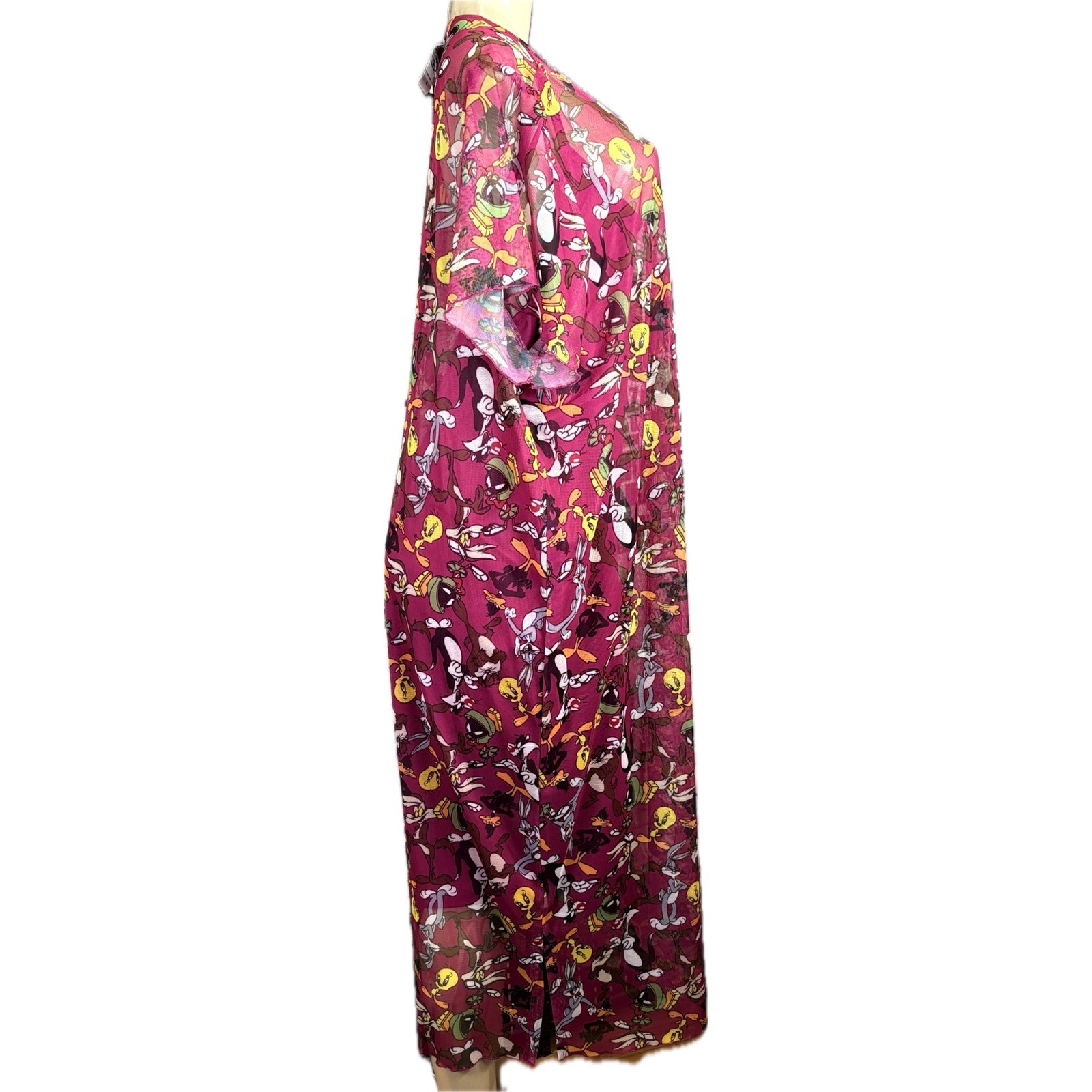 Looney Tunes Character Print Mesh Lined Midi T-Shirt Style Dress Magenta XL-1