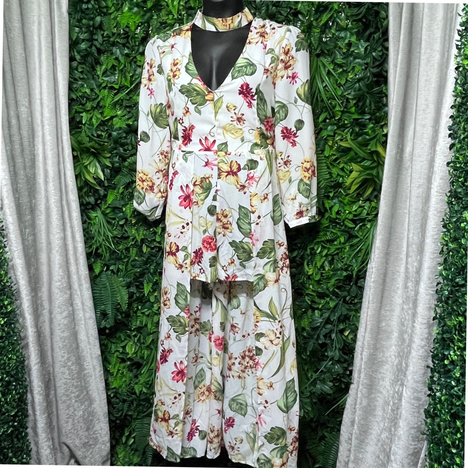 Haute Monde Jumpsuit 2XL Floral Maxi Dress High Low Mock Neck Long Sleeve 3125