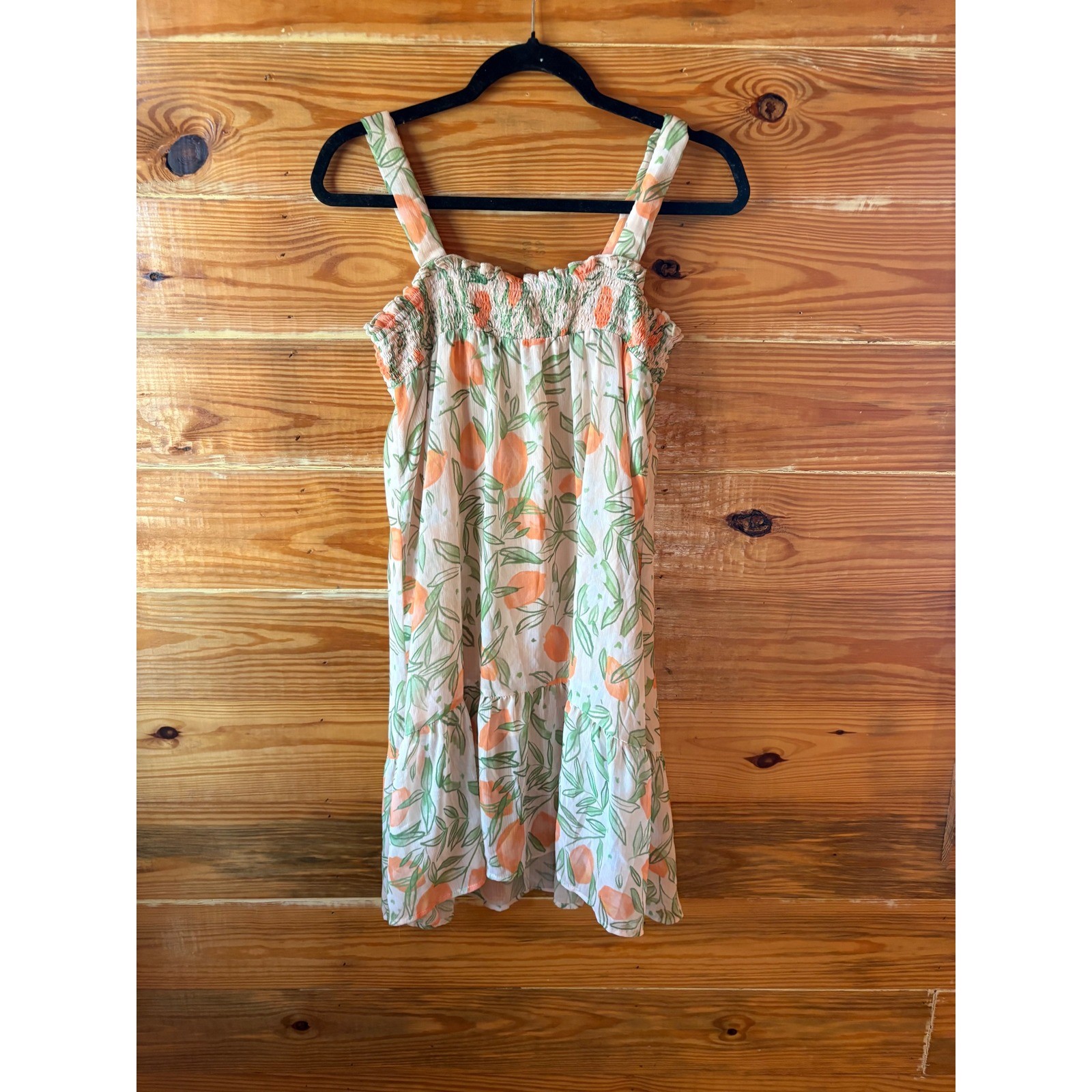 Sadie & Sage Lemon Garden Print Smocked Mini Dress Orange Green Womens Small