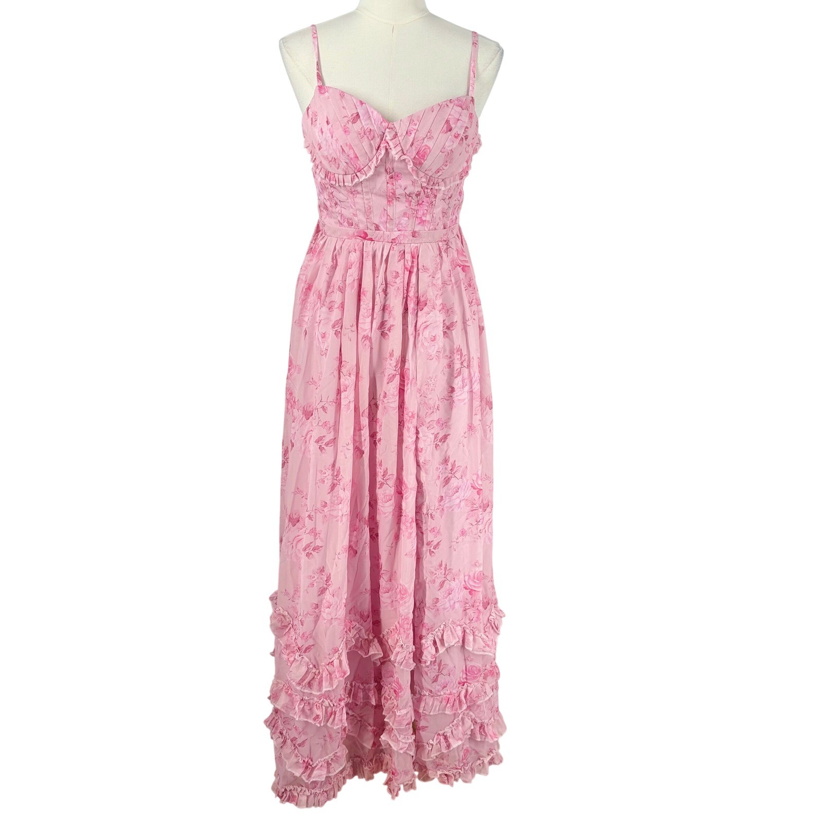 Womens Floral Corset Maxi Dress Size 4 Ruffle Tiered Lace Up Back Coquette