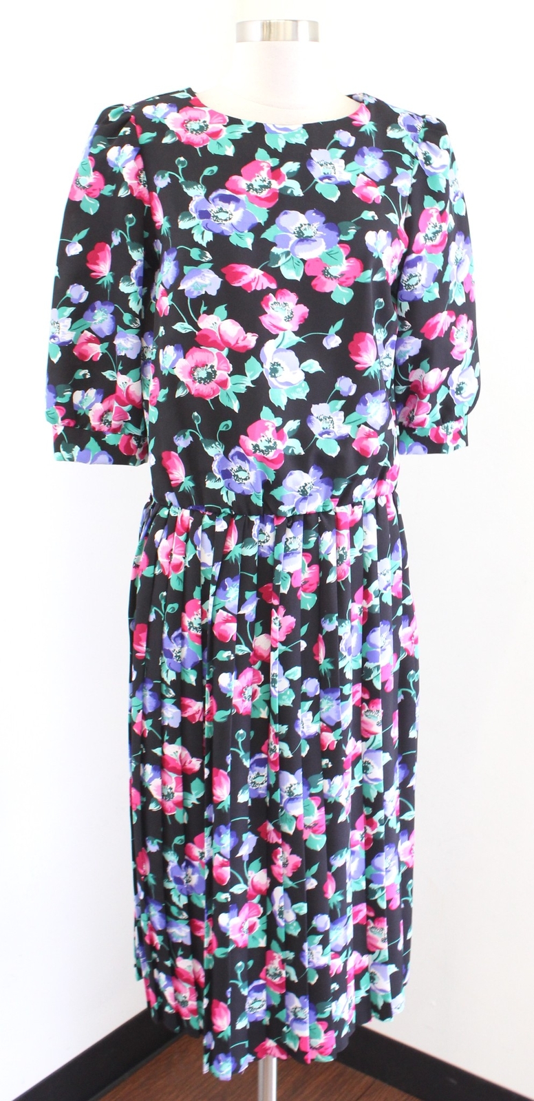 Vtg 90s Breli Black Pink Floral Pleated Midi Shirt Dress Size 10 Blouson Retro