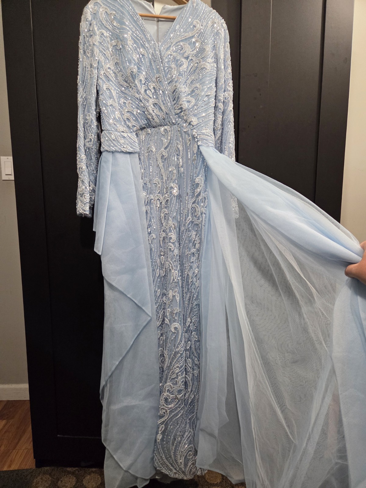 Custommade Blue Sequin Beaded Gown Long Sleeve V-Neck Mesh Lined Zip Size 12