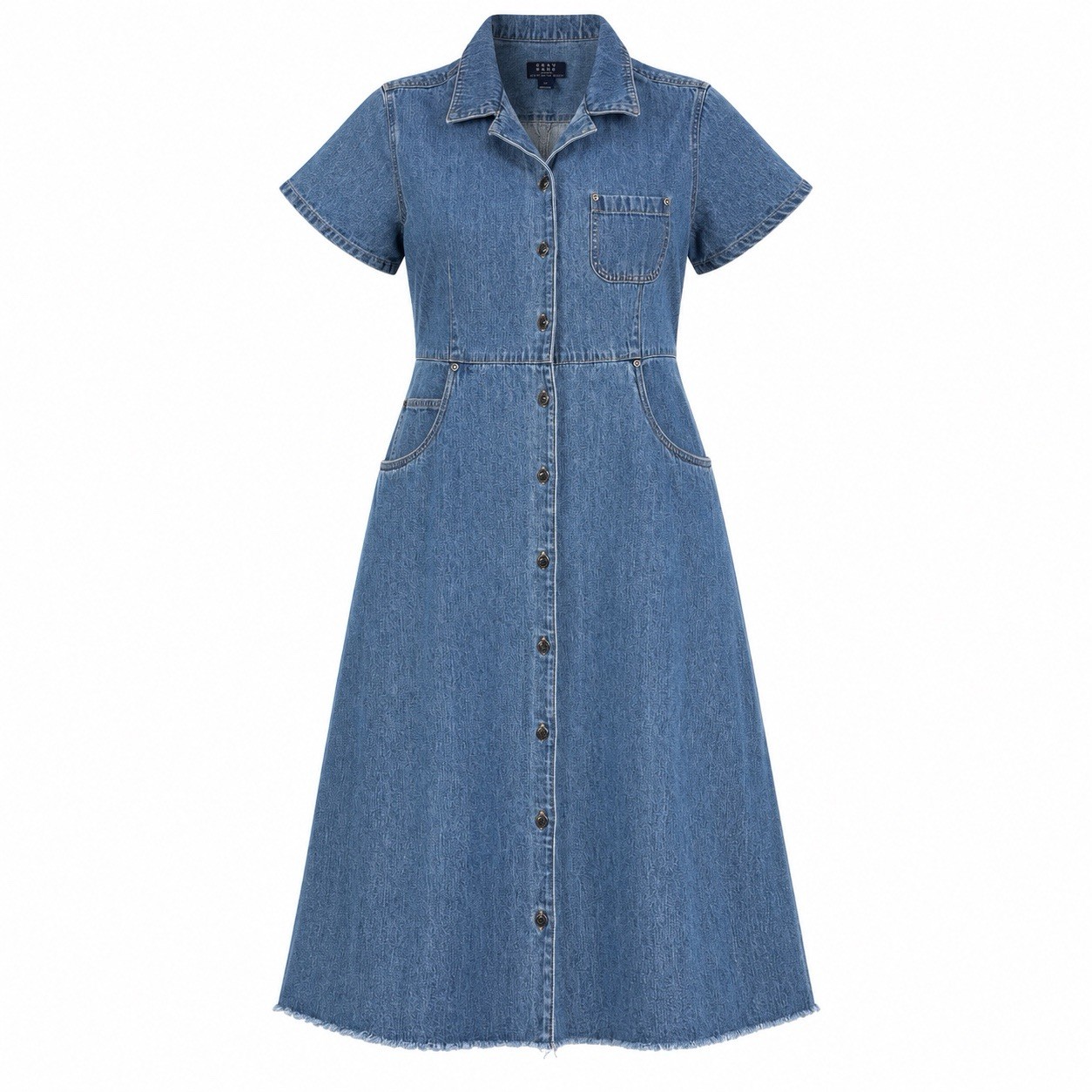 Y2K Crazy Horse Denim Shirt Dress Women’s 12 Button Front Cotton Midi Blue