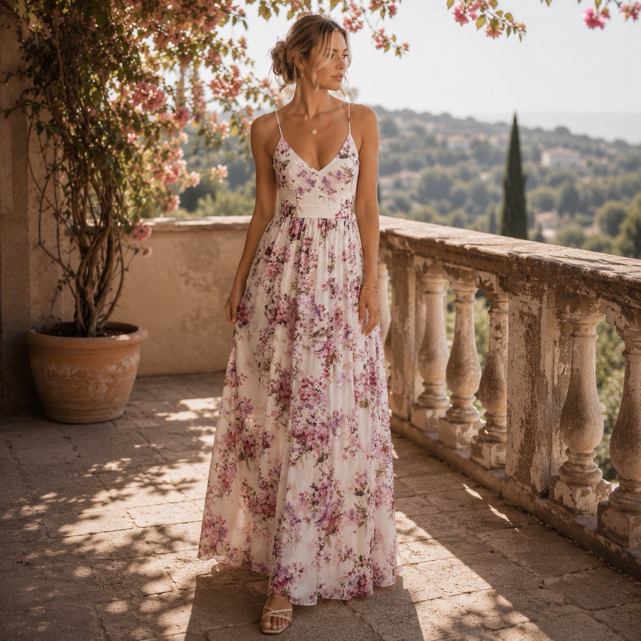 Miss Avenue White Maxi Floral V-Neck Strappy Sleeveless Dress Long Size S