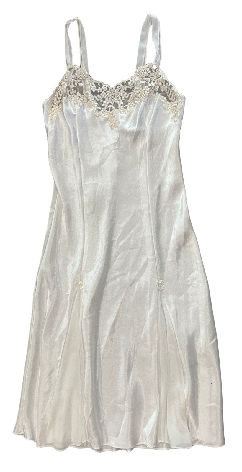 Vtg Satin Beaded Bodice Maxi Dress White Bow Accents Sz Sm Fairy Angel Romantic