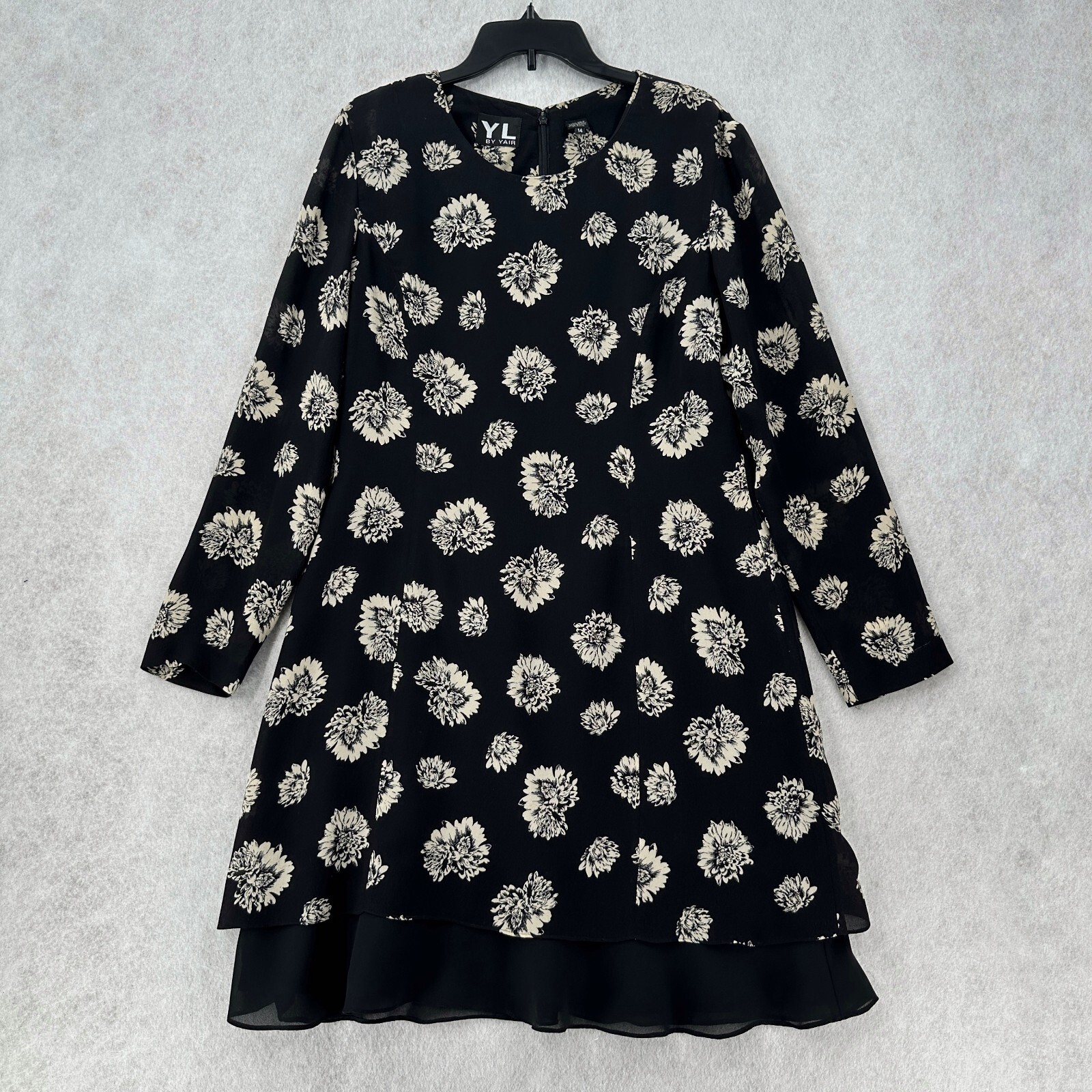 YL By YAIR 100% Silk Shift Dress Womens 14 Tiered Floral Layered Long Sleeve