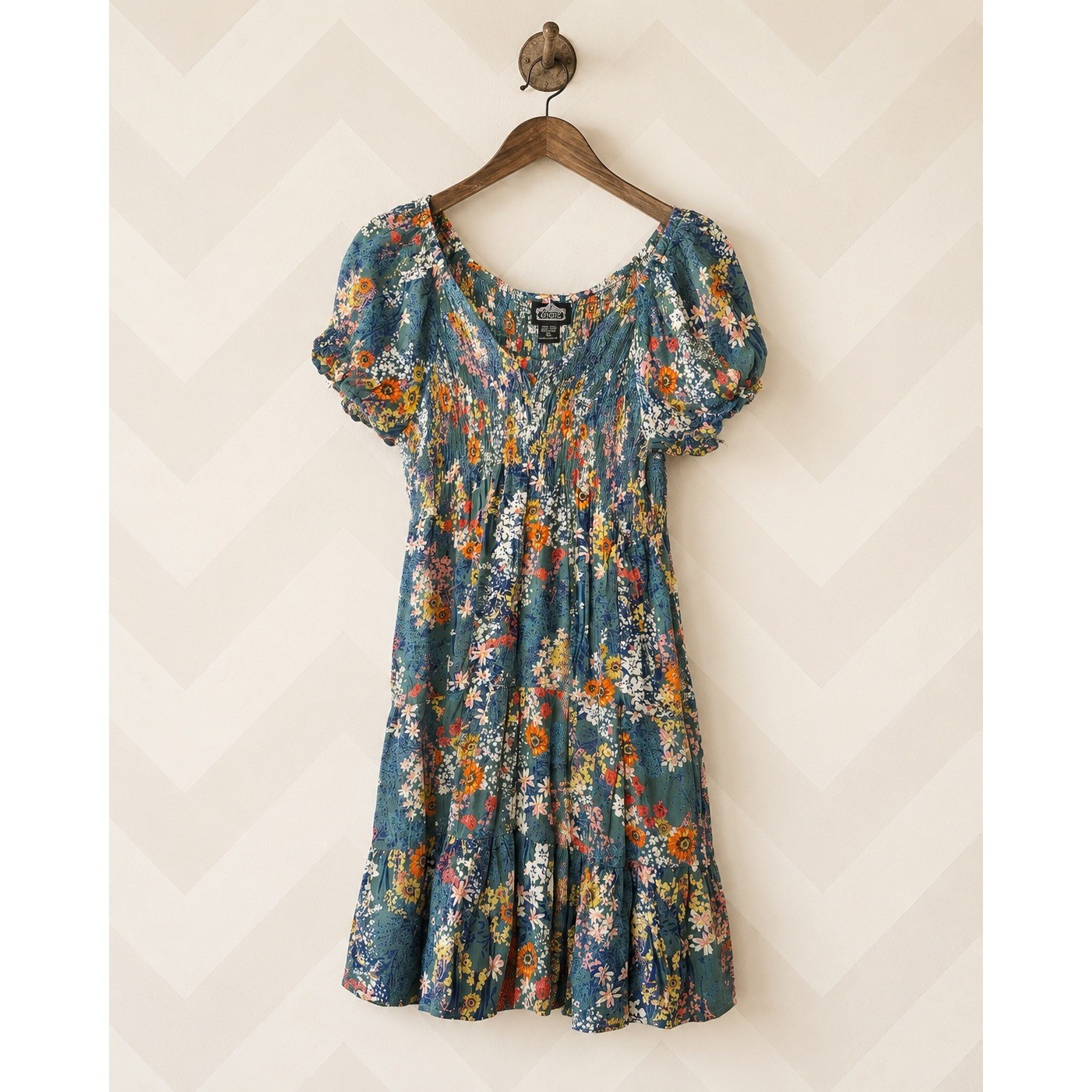 Angie Floral Smocked Tiered Puff Sleeve Mini Dress Size M