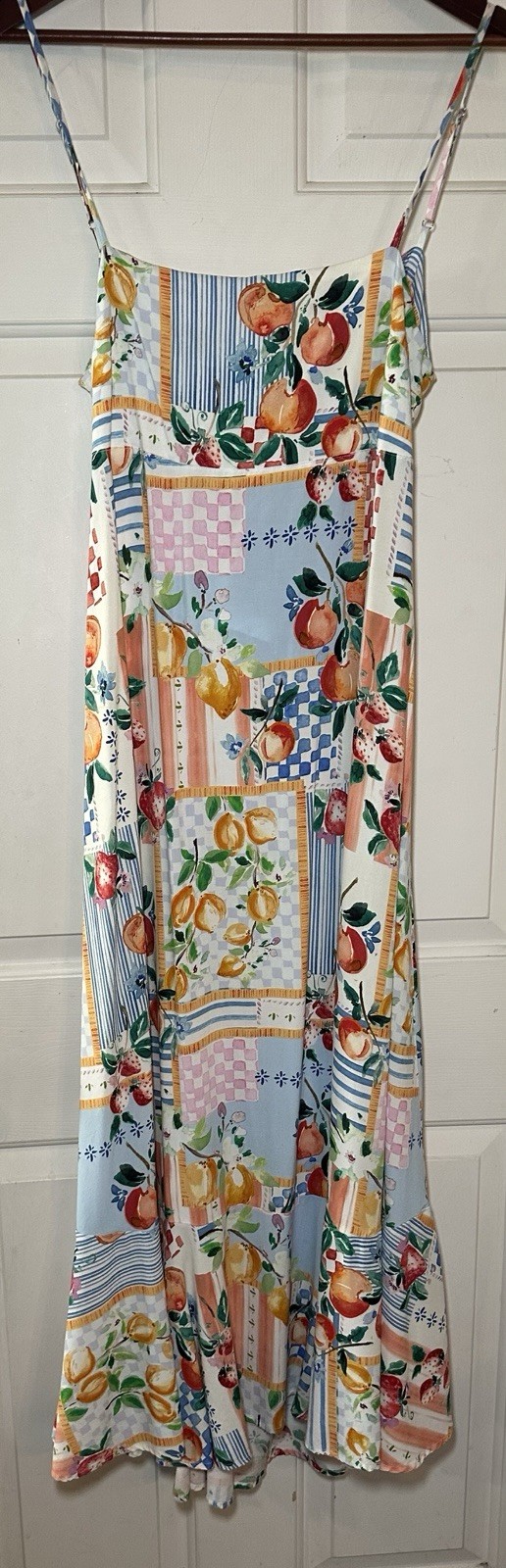 Paper Heart | Anthropologie Floral Fruit Patchwork Print Maxi Tie Back Dress L