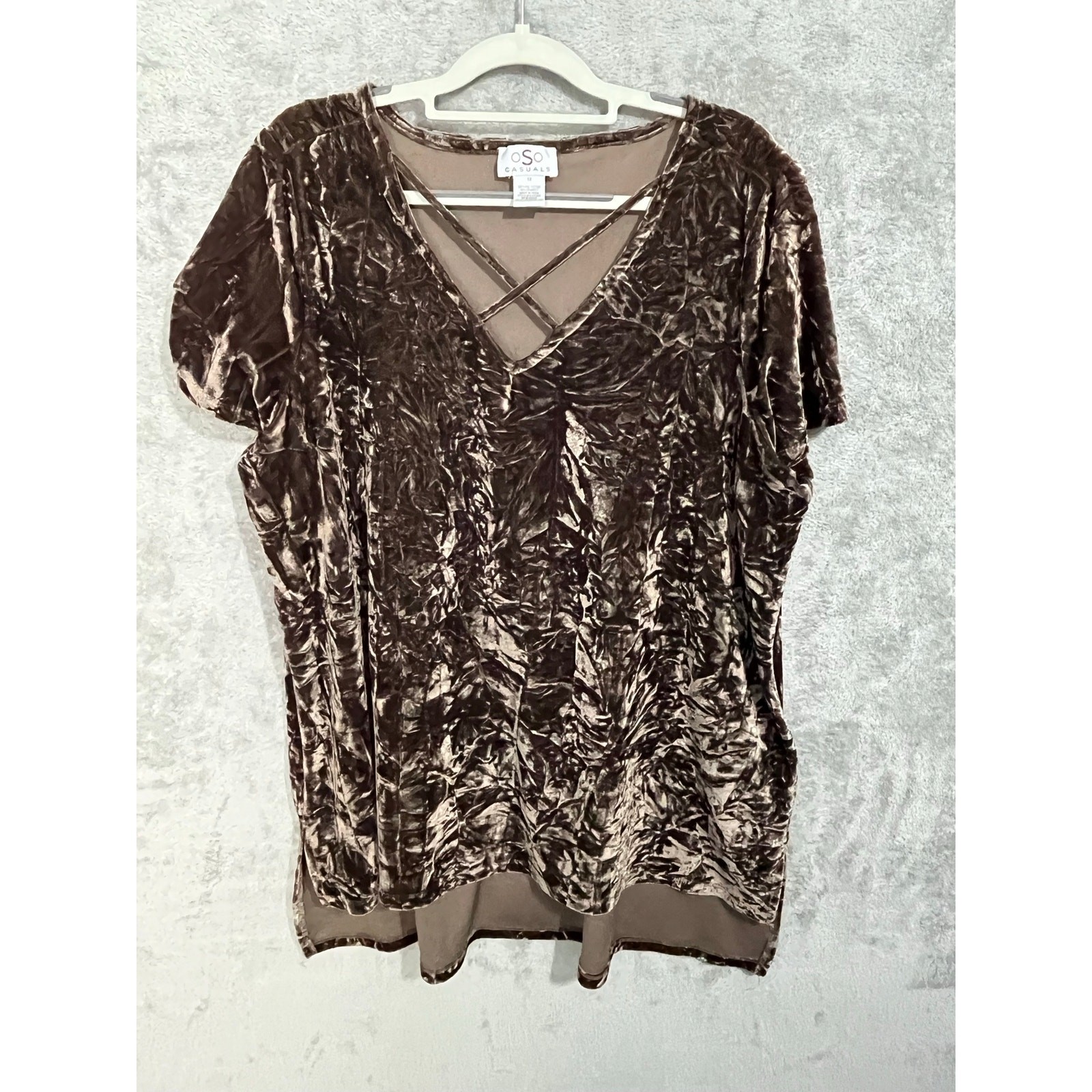 VTG OSO Casuals Mini Dress 1X Brown Crushed Velvet Criss Cross Neck Hi Lo Hem