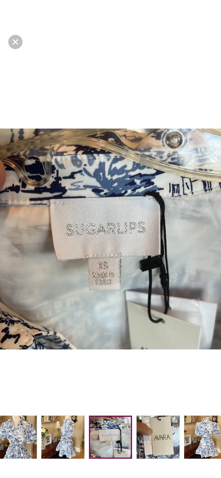 Sugarlips White Blue Etchings Collared Puff Sleeve Mini Ruffle Hem Puff Sleeve