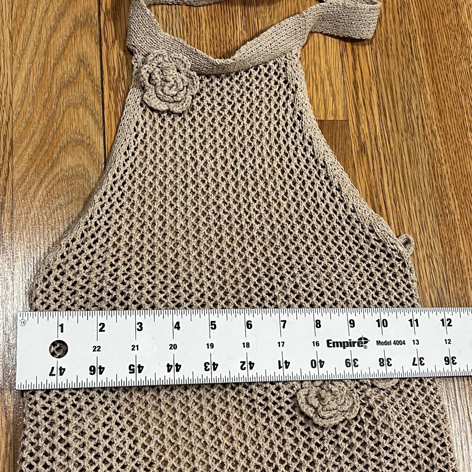 Beige Crochet Knit Halter Maxi Dress M Rosette Floral Open Back Boho Beachwear
