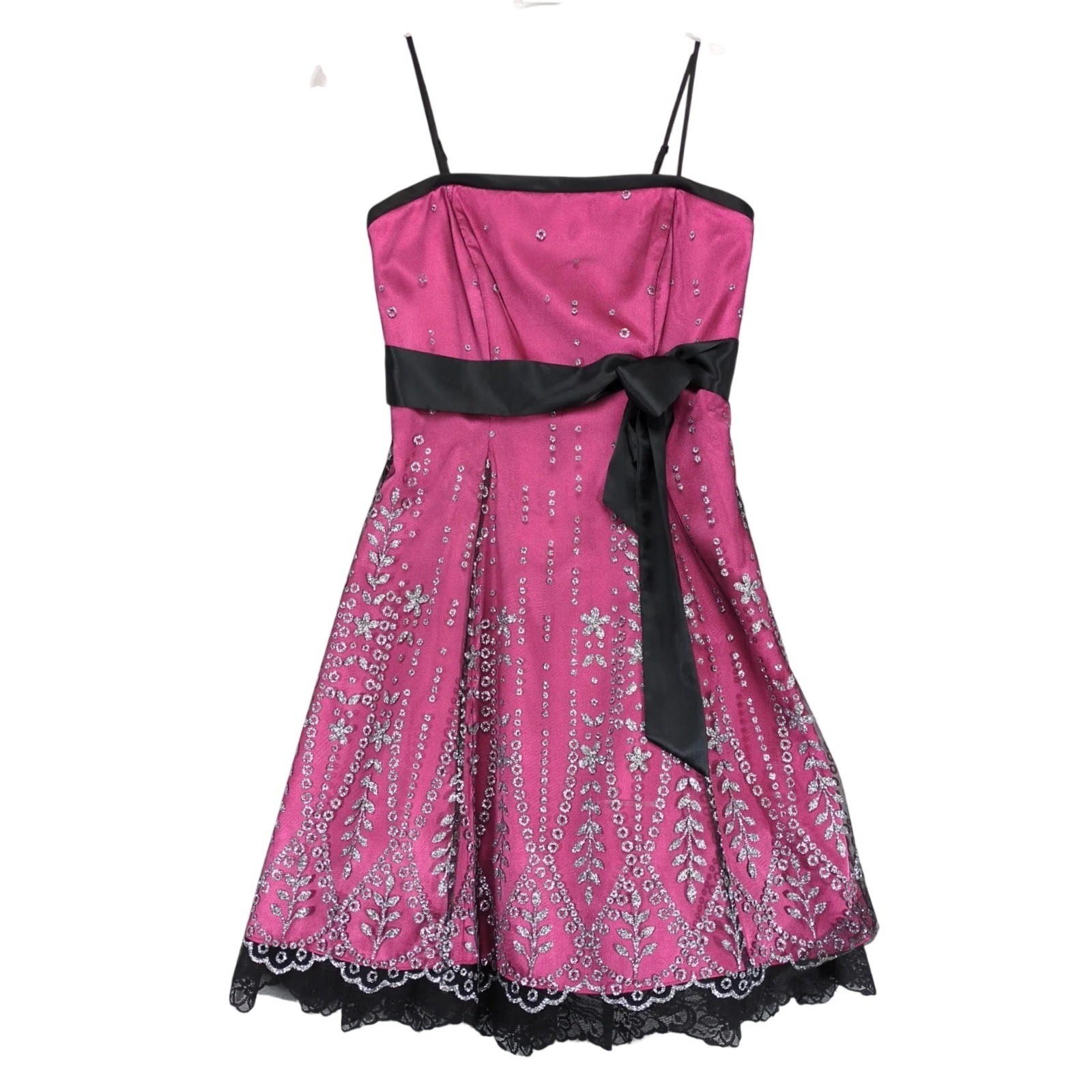 Morgan &Co Pink Satin Black Mesh Party Dress Sz 3/4 Bow Sash Silver Glitter Glam